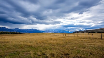 Beautiful panoramic landscape of golden grass fields under dramatic stormy sky : Generative AI