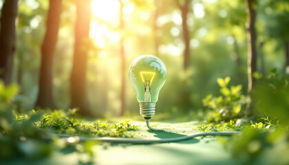 Green Lightbulb in Forest Nature Eco Concept