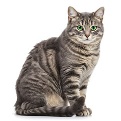 Fototapeta premium Gray Tabby Cat with Green Eyes Sitting Isolated