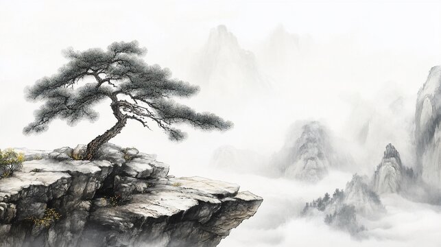 Ink painting of a solitary tree on a rocky cliff overlooking misty mountains landscape