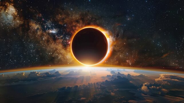 Total solar eclipse witnessed from space with vibrant cosmic backdrop