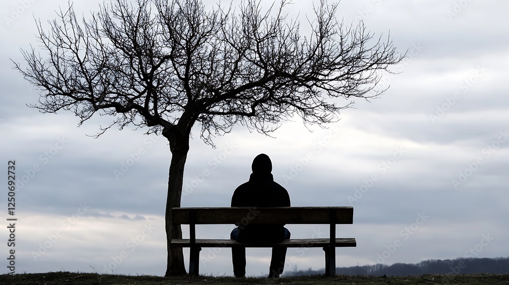 Poster Lonely figure sitting on a bench under a sparse tree against a cloudy sky : Generative AI