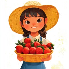 Girl in Straw Hat Holding Basket of Fresh Strawberries