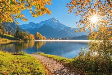 Autumnal lake path, mountain sunrise, tranquil scene
