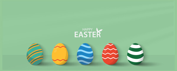 Easter Greeting card poster and banner template with Easter eggs in the nest on green, blue, yellow, white and pink background.Greetings and presents for Easter Day with copy space in flat lay styling