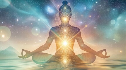 A serene silhouette in meditation against a cosmic backdrop, radiating spiritual energy. The bright glowing lights symbolize connection, tranquility, and the beauty of universal harmony.