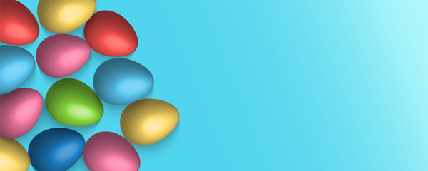 Easter Greeting card poster and banner template with Easter eggs in the nest on green, blue, yellow, white and pink background.Greetings and presents for Easter Day with copy space in flat lay styling