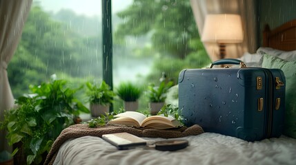 Cozy rainy day indoors with a suitcase and lush greenery visible through the window creating a serene and contemplative atmosphere for rest relaxation and of one s thoughts and inner world