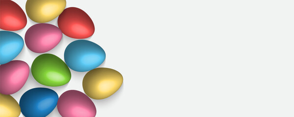 Easter Greeting card poster and banner template with Easter eggs in the nest on green, blue, yellow, white and pink background.Greetings and presents for Easter Day with copy space in flat lay styling