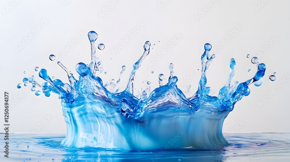 Poster Dynamic and Colorful Blue Water Splash with Flowing Liquid Droplets and Refreshing Motion  Abstract Background of Wet and Transparent Fluid Texture
