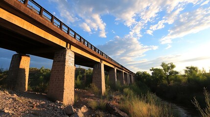 Stunning view of a rustic railway bridge under a dramatic cloudy sky in a serene landscape : Generative AI