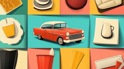 Vintage Artwork Displaying Classic Car and Retro Food Items