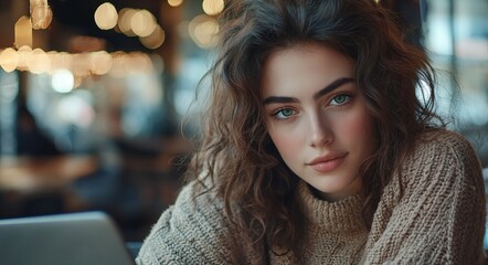 Obraz premium A beautiful woman with brown curly hair is sitting in front of her laptop. She has green eyes and is wearing an oversized sweater
