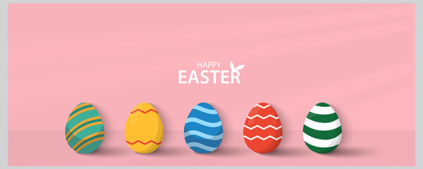 Easter Greeting card poster and banner template with Easter eggs in the nest on green, blue, yellow, white and pink background.Greetings and presents for Easter Day with copy space in flat lay styling