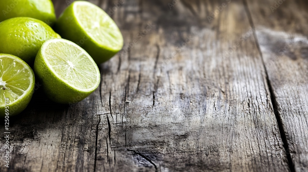 Aufkleber freshly cut limes arranged on a rustic wooden surface inviting tropical vibes : generative ai