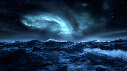 Fototapeta premium Night ocean waves, nebula sky, storm, fantasy, artwork