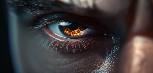 Intense close-up of a human eye with fiery orange iris.