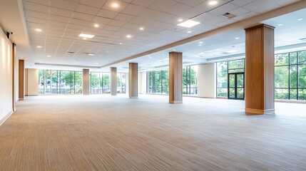Obraz premium Spacious modern interior with large windows and wooden columns showcasing contemporary design and natural light : Generative AI