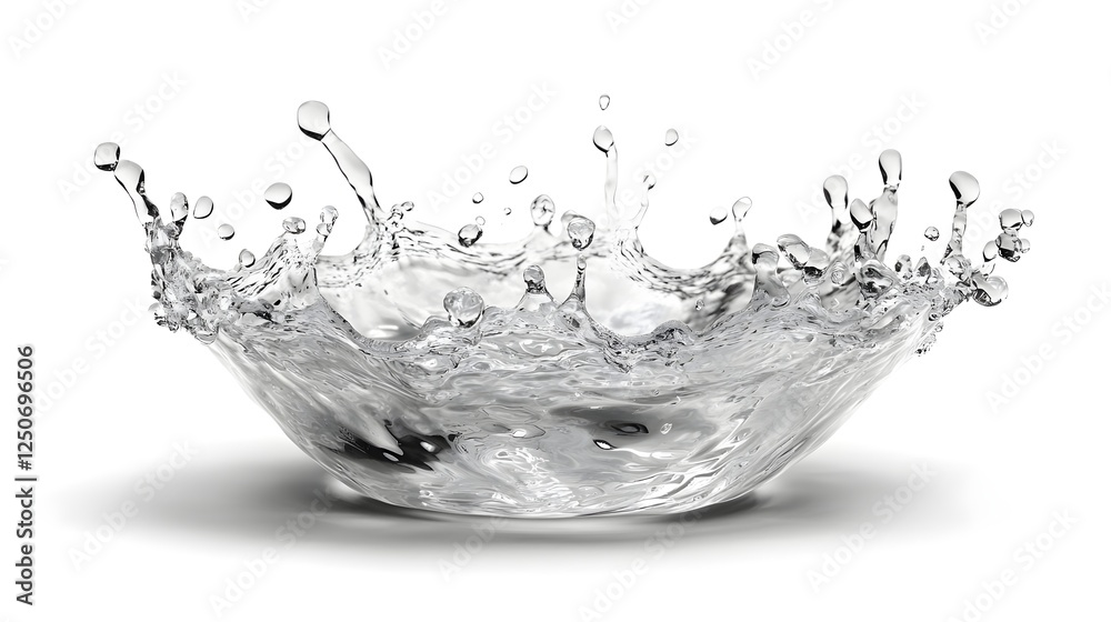 Aufkleber Splash of crystal clear clean and refreshing water droplets against a plain white background creating a dynamic and abstract liquid flow effect