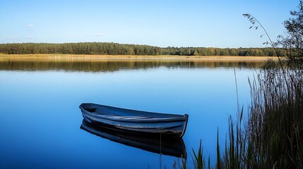 Obraz premium Serene and calm lake view with a solitary boat floating gently amidst lush greenery : Generative AI