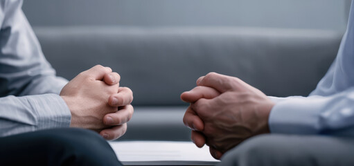 Obraz premium Hands clasped together in a contemplative discussion setting.