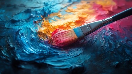 Fototapeta premium A kaleidoscope of vibrant colors pouring from a paintbrush, creating a dreamlike, fantastical scene