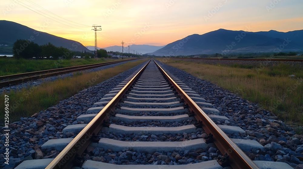 Poster tranquil railway tracks leading towards distant mountains at sunset presenting a peaceful journey : 