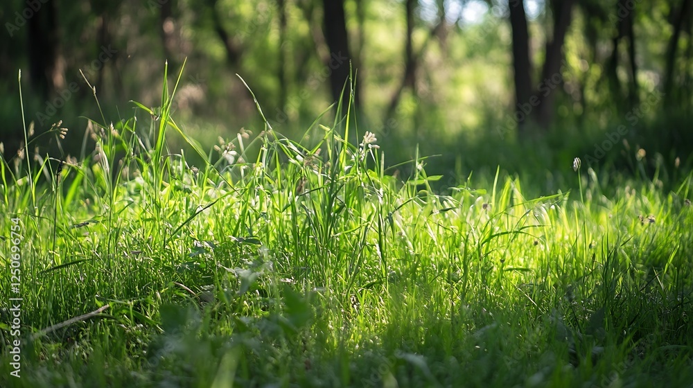 Poster Lush Green Grass Captured in Sunlight with Soft Blurred Background in a Forest Setting : Generative AI