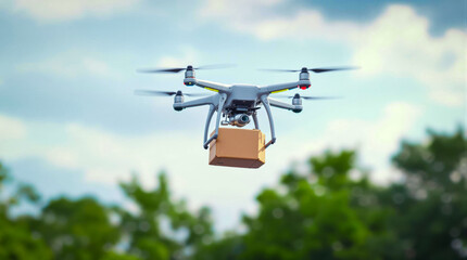 A delivery drone flying through the sky carrying a package, representing future technology, innovation, and modern logistics in aerial transportation