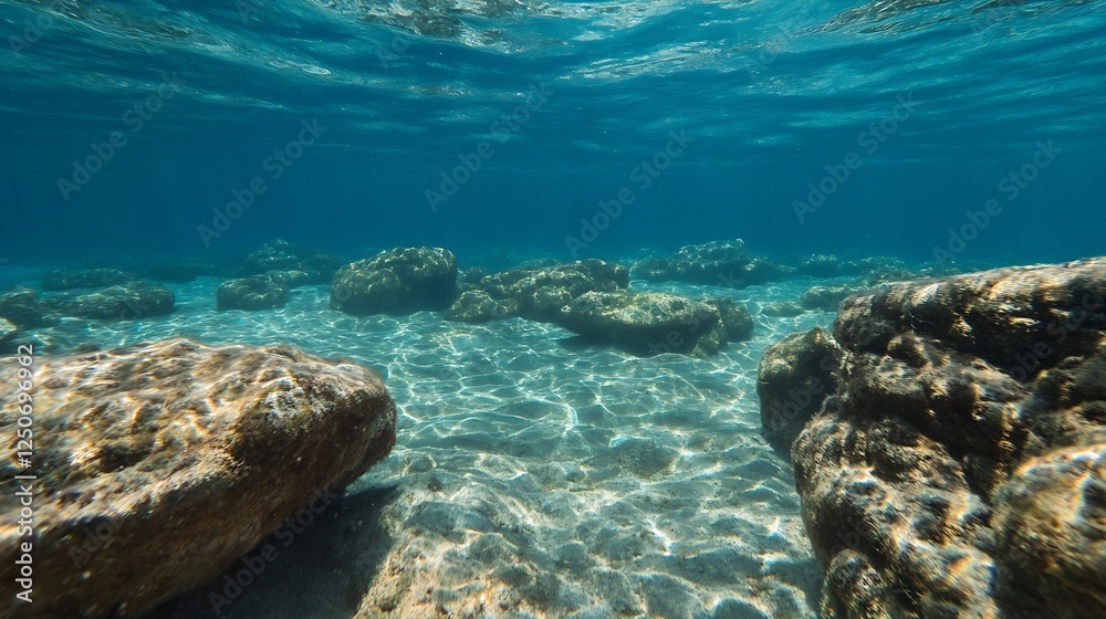 Aufkleber underwater view of clear blue water with rocks creating serene marine landscape : generative ai