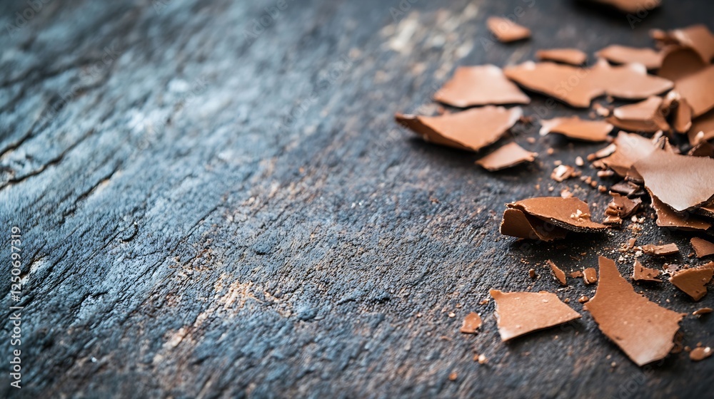Poster crisp broken chocolate pieces on a rustic wooden surface capturing sweetness : generative ai