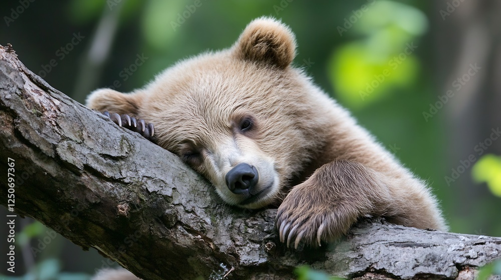 Poster young grizzly bear resting peacefully on a branch in a lush green forest setting : generative ai