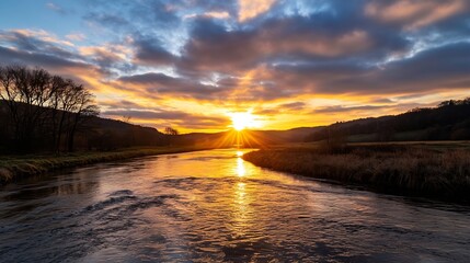 Naklejka premium Stunning sunset over a calm river reflecting vibrant colors of nature's beauty : Generative AI