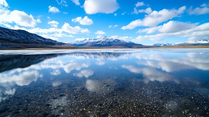 Obraz premium Stunning panoramic view of snowcapped mountains and reflective lake under a clear blue sky : Generative AI