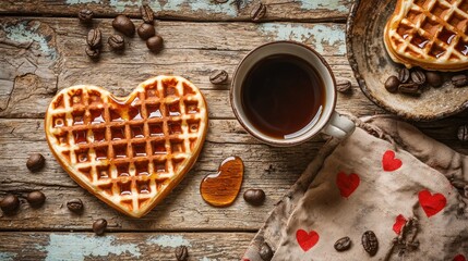 A cozy Valentine's scene with a heart-shaped waffle, syrup, and a cup of coffee on a rustic table.