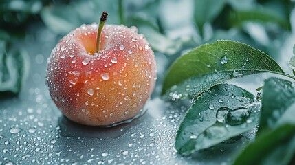 Juicy plum, dew drops, green leaves, reflective surface, orchard setting; food, drink, blog