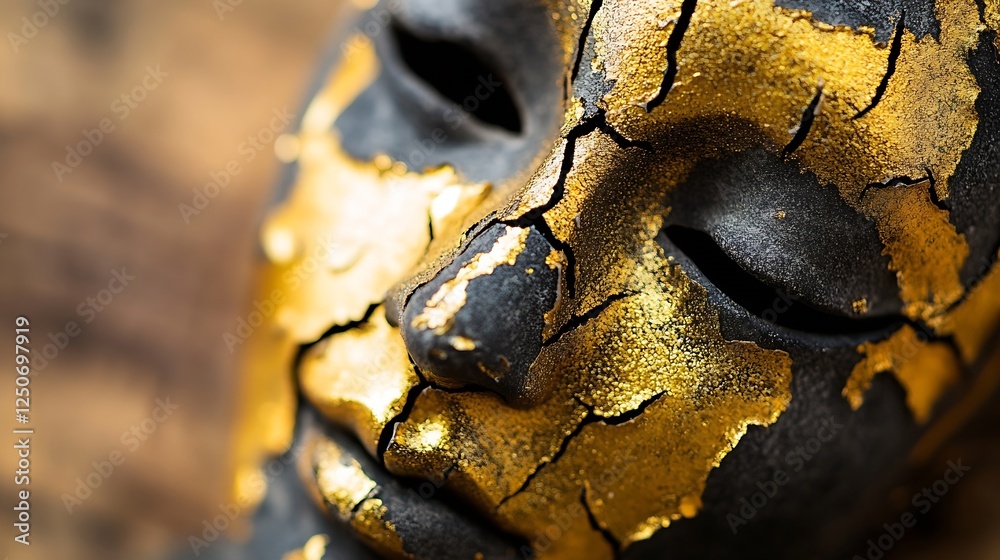 Poster Close up of an ornate artistic mask featuring intricate gold patterns and cracked surface texture : Generative AI