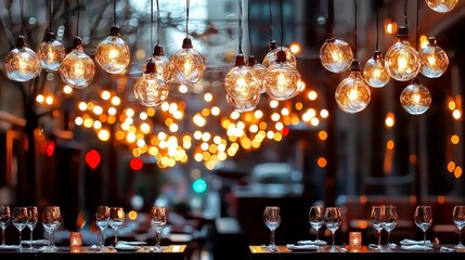 Warm Golden Lights Illuminating Restaurant Table at Night