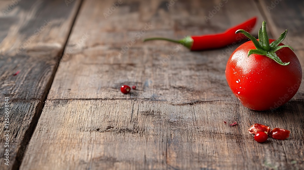 Poster fresh red tomato and chili pepper on rustic wooden background inviting a culinary adventure : genera