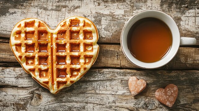 A cozy Valentine's setup with a heart-shaped waffle, syrup, and a cup of coffee on a rustic table. - Powered by Adobe