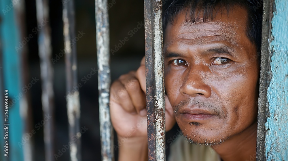 Poster portrait of a thoughtful man gazing through prison bars reflecting deeper emotions and untold storie