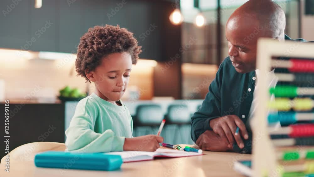 Poster Help, dad and child at table with homework for growth, development and happy support in education. Learning, father and boy kid in kitchen for homeschool, creative study activity and advice in home