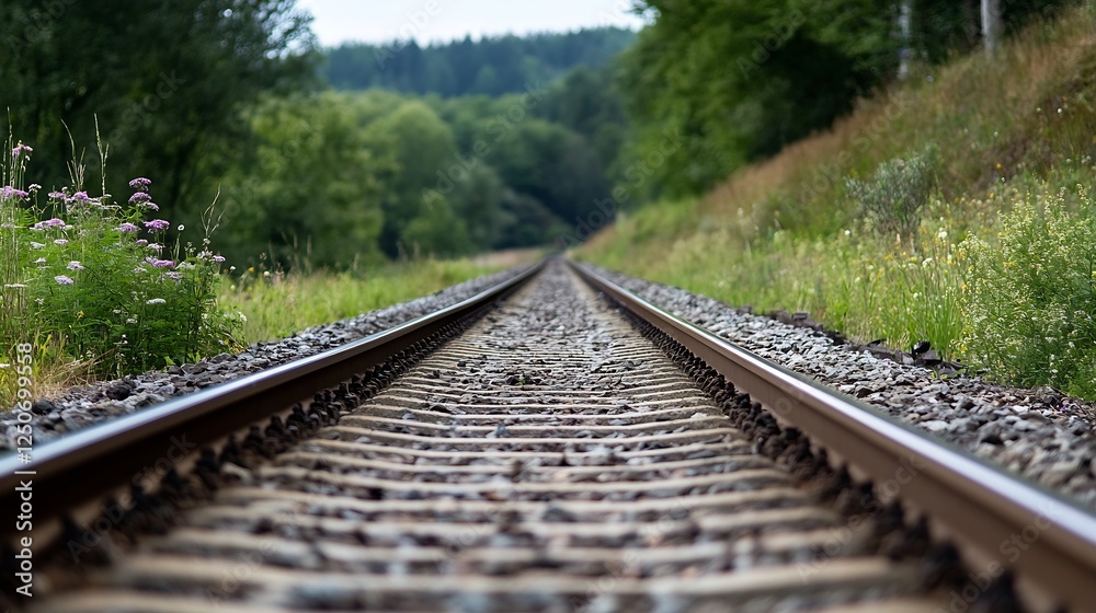Aufkleber an inviting perspective of an empty railway track stretching through lush greenery : generative ai