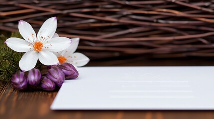 Fototapeta premium White and Purple Flowers with Envelope on Wooden Surface