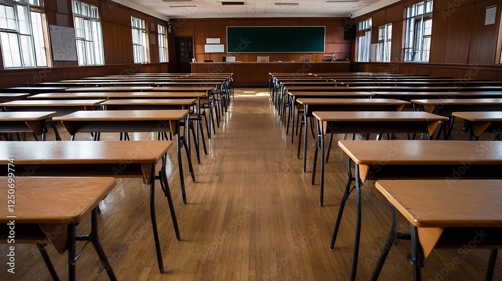 Aufkleber spacious and organized classroom setting with neat desks and green chalkboard : generative ai