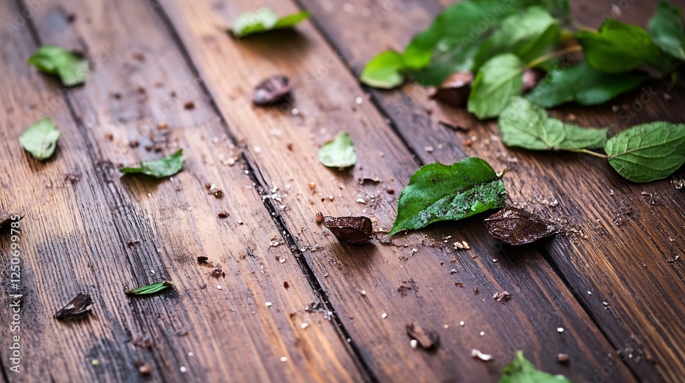 Poster Organic mint leaves and cocoa nibs scattered on wooden table creating a fresh and inviting dessert environment : Generative AI