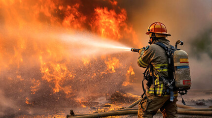 A dedicated firefighter combats a blazing fire, showcasing courage, resilience, and protective gear indispensable for safety in emergency situations.