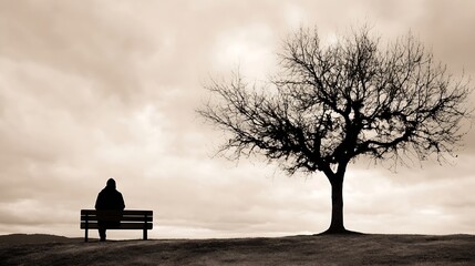 Black and white image of a person sitting on a bench under a leafless tree capturing a dramatic mood : Generative AI