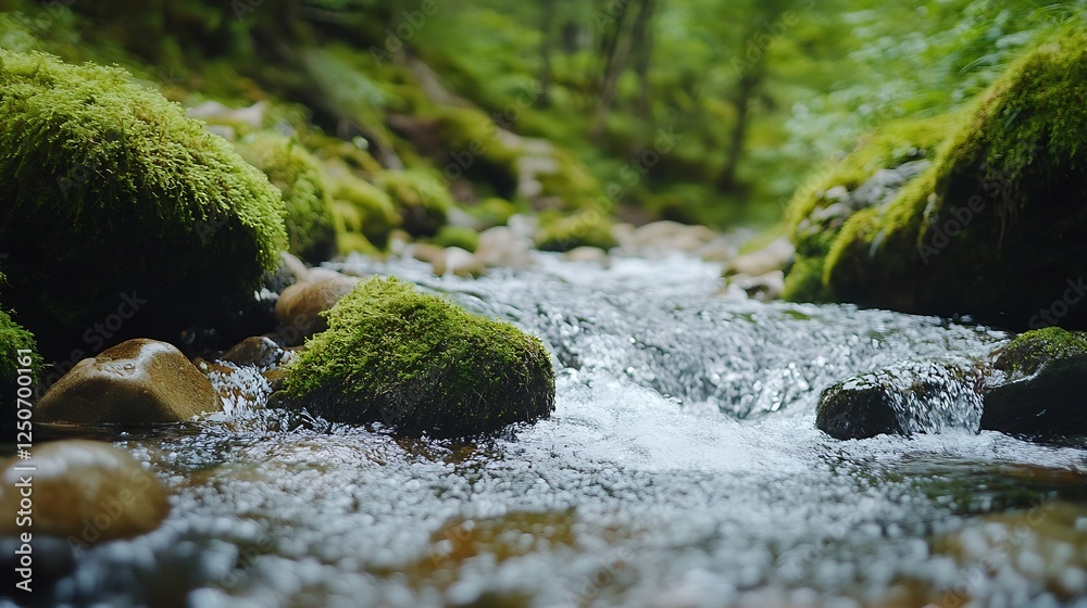 Aufkleber a serene closeup view of a crystal clear stream flowing through lush green mossy rocks : generative 