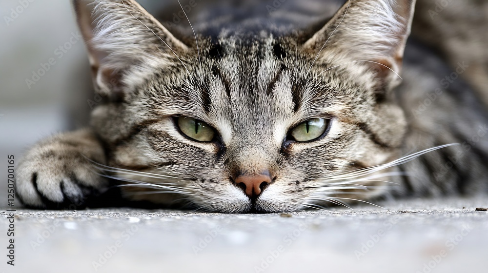 Poster intense close up of a tabby cat relaxing on floor with detailed fur and eyes : generative ai